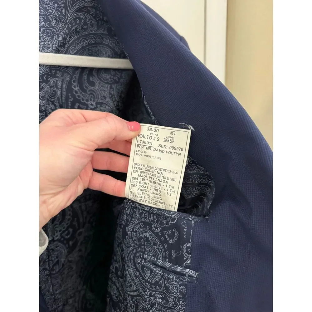 Carl Sterr Loro Piana Italy 100% Wool Navy Blue Blazer Size 38R Plaid Check